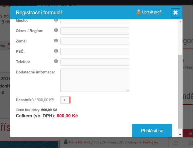 Registrační formulář Registrační formulář